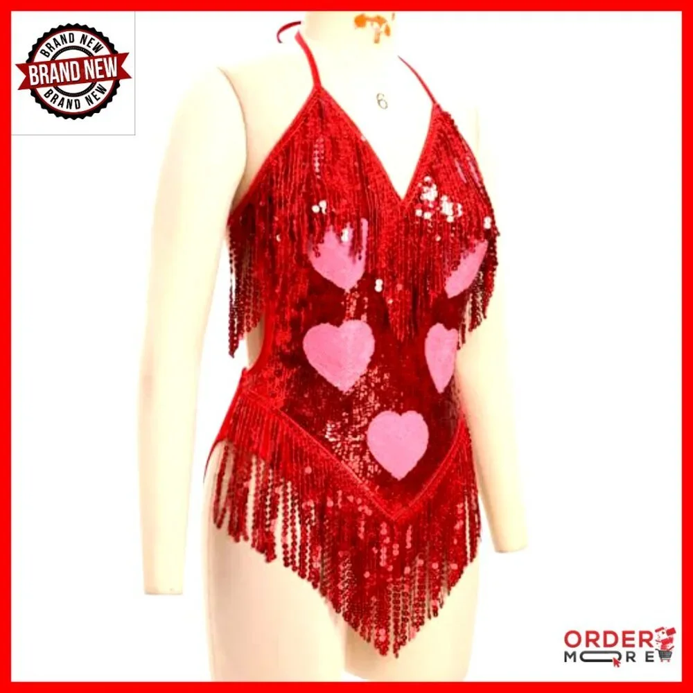 Sleeveless Sequins Tassel Bodysuit Leotard Rave Festival Clubwear